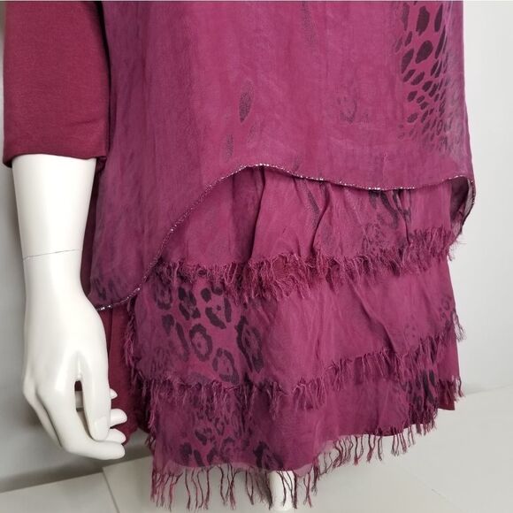 Made in Italy Women's Maroon Layered Sheer Top 3/4 Sleeve - Picture 6 of 15